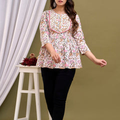 White Floral Print Peplum Top