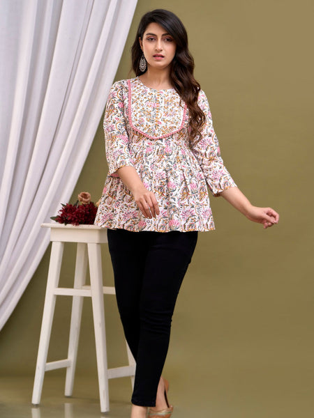 White Floral Print Peplum Top