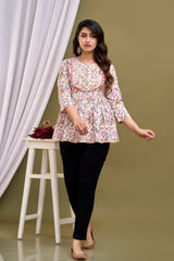 White Floral Print Peplum Top