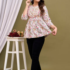 White Floral Print Peplum Top