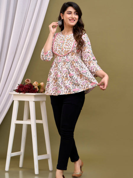 White Floral Print Peplum Top