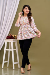 White Floral Print Peplum Top