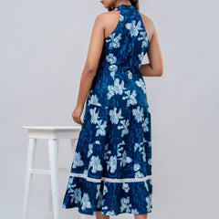 Blue Floral Printed Fit And Flared Midi Dress