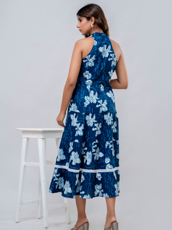 Blue Floral Printed Fit And Flared Midi Dress