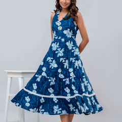 Blue Floral Printed Fit And Flared Midi Dress