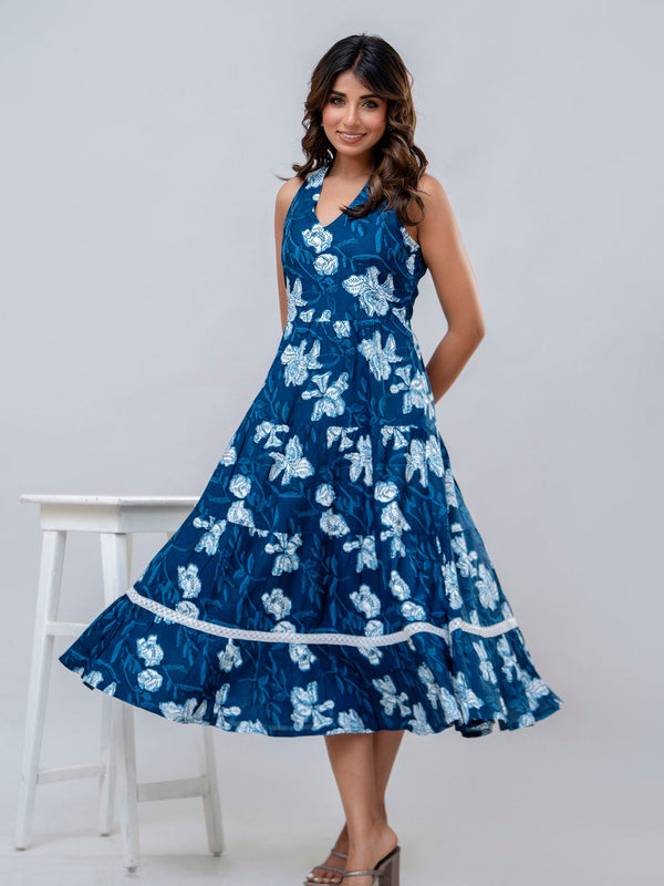 Blue Floral Printed Fit And Flared Midi Dress