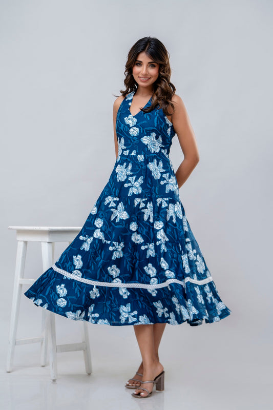 Blue Floral Printed Fit And Flared Midi Dress