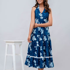 Blue Floral Printed Fit And Flared Midi Dress