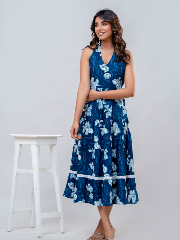 Blue Floral Printed Fit And Flared Midi Dress
