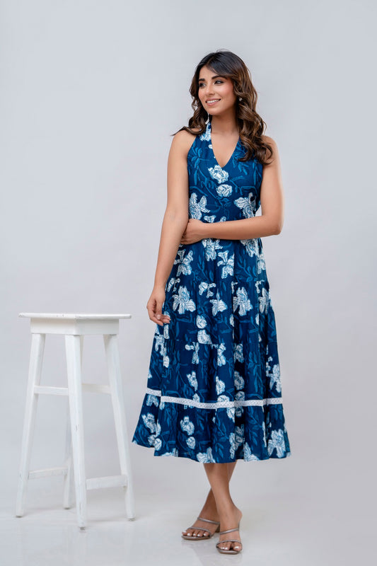 Blue Floral Printed Fit And Flared Midi Dress