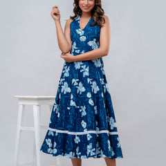 Blue Floral Printed Fit And Flared Midi Dress