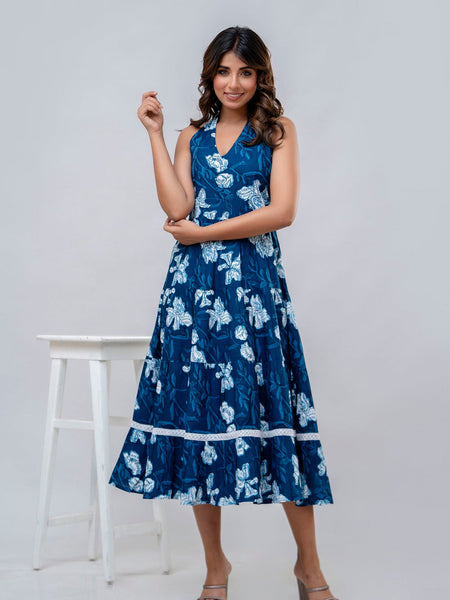 Blue Floral Printed Fit And Flared Midi Dress