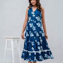 Blue Floral Printed Fit And Flared Midi Dress