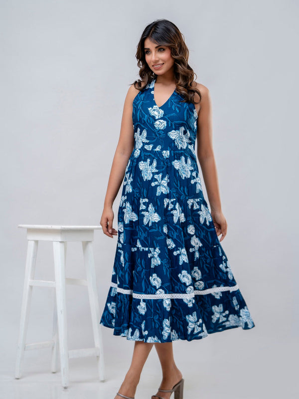Blue Floral Printed Fit And Flared Midi Dress
