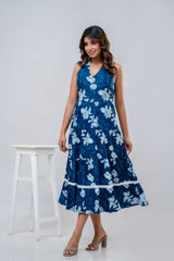 Blue Floral Printed Fit And Flared Midi Dress