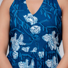Blue Floral Printed Fit And Flared Midi Dress