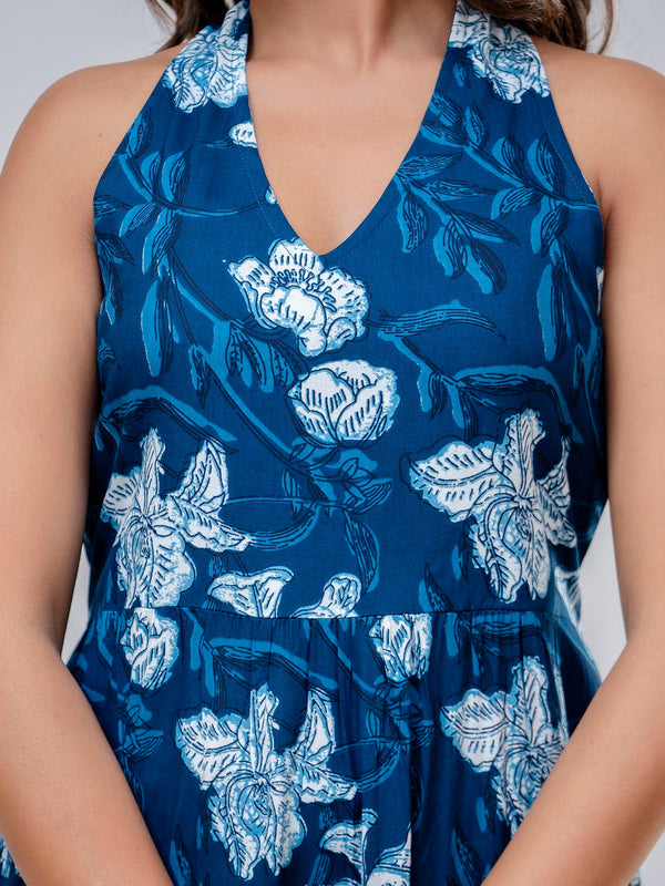 Blue Floral Printed Fit And Flared Midi Dress