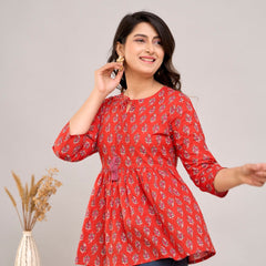 Red Ethnic Motifs Cotton Empire Top