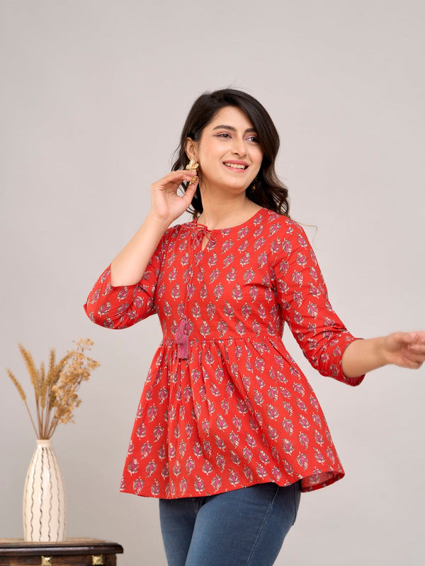 Red Ethnic Motifs Cotton Empire Top