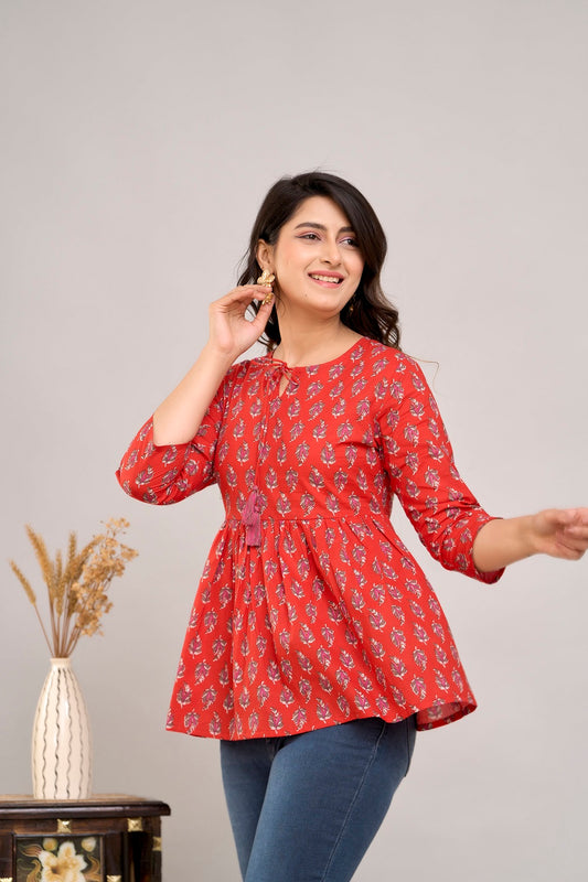 Red Ethnic Motifs Cotton Empire Top