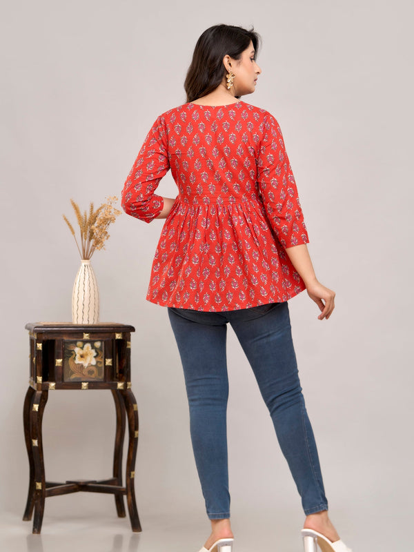 Red Ethnic Motifs Cotton Empire Top