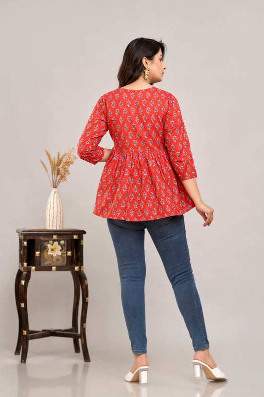 Red Ethnic Motifs Cotton Empire Top