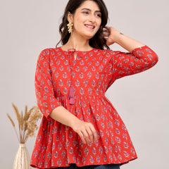 Red Ethnic Motifs Cotton Empire Top