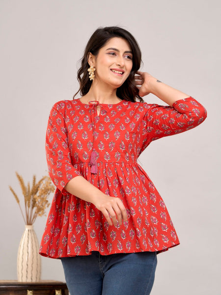 Red Ethnic Motifs Cotton Empire Top