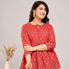 Red Ethnic Motifs Cotton Empire Top