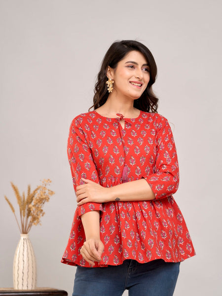 Red Ethnic Motifs Cotton Empire Top