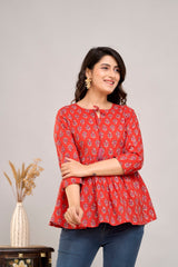 Red Ethnic Motifs Cotton Empire Top