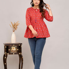 Red Ethnic Motifs Cotton Empire Top