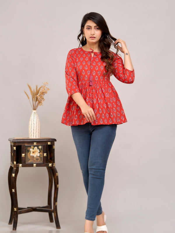 Red Ethnic Motifs Cotton Empire Top