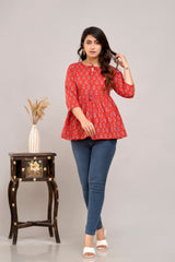 Red Ethnic Motifs Cotton Empire Top