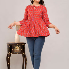 Red Ethnic Motifs Cotton Empire Top