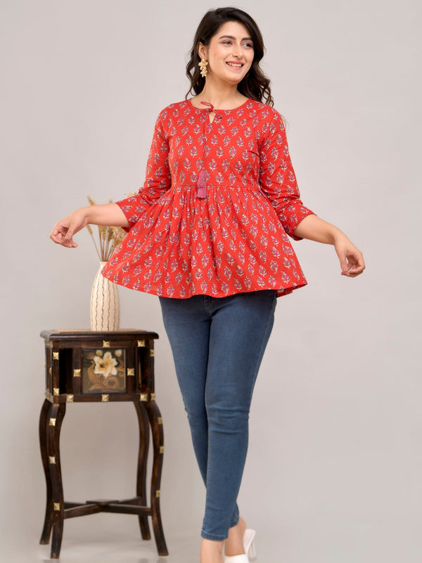 Red Ethnic Motifs Cotton Empire Top