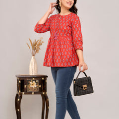 Red Ethnic Motifs Cotton Empire Top
