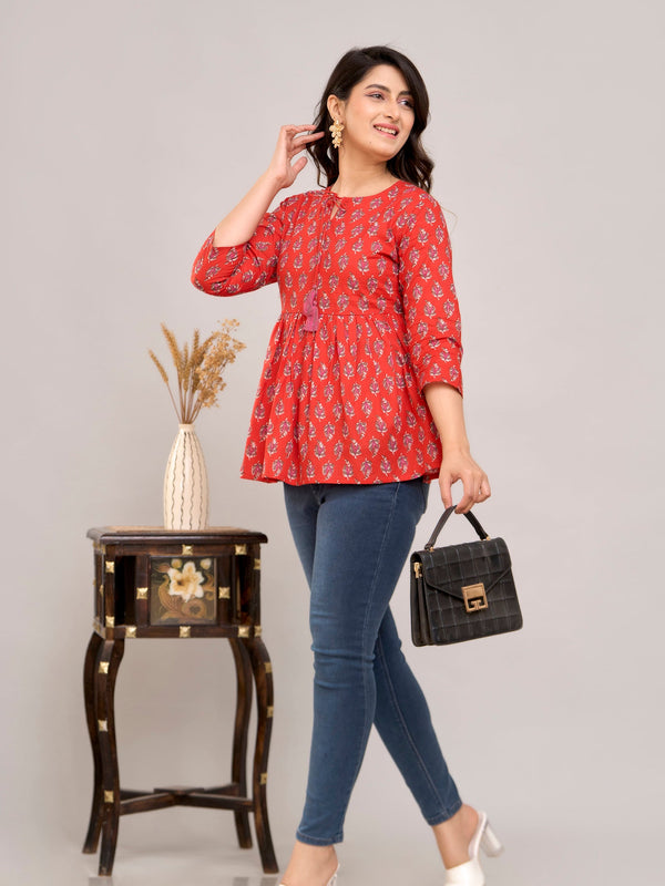 Red Ethnic Motifs Cotton Empire Top