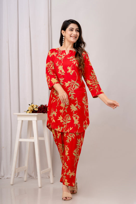Red Printed Top With Palazzo Co-ord Set
