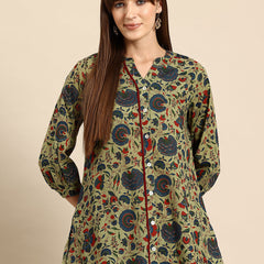 Floral Print Mandarin Collar Cotton Top