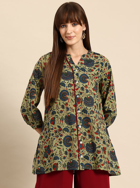 Floral Print Mandarin Collar Cotton Top