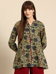 Floral Print Mandarin Collar Cotton Top
