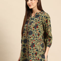 Floral Print Mandarin Collar Cotton Top