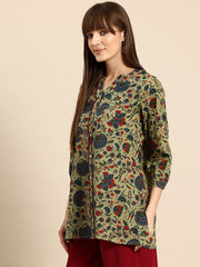 Floral Print Mandarin Collar Cotton Top