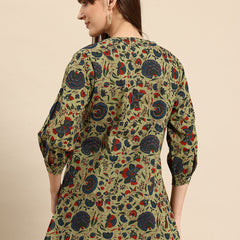 Floral Print Mandarin Collar Cotton Top