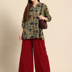 Floral Print Mandarin Collar Cotton Top