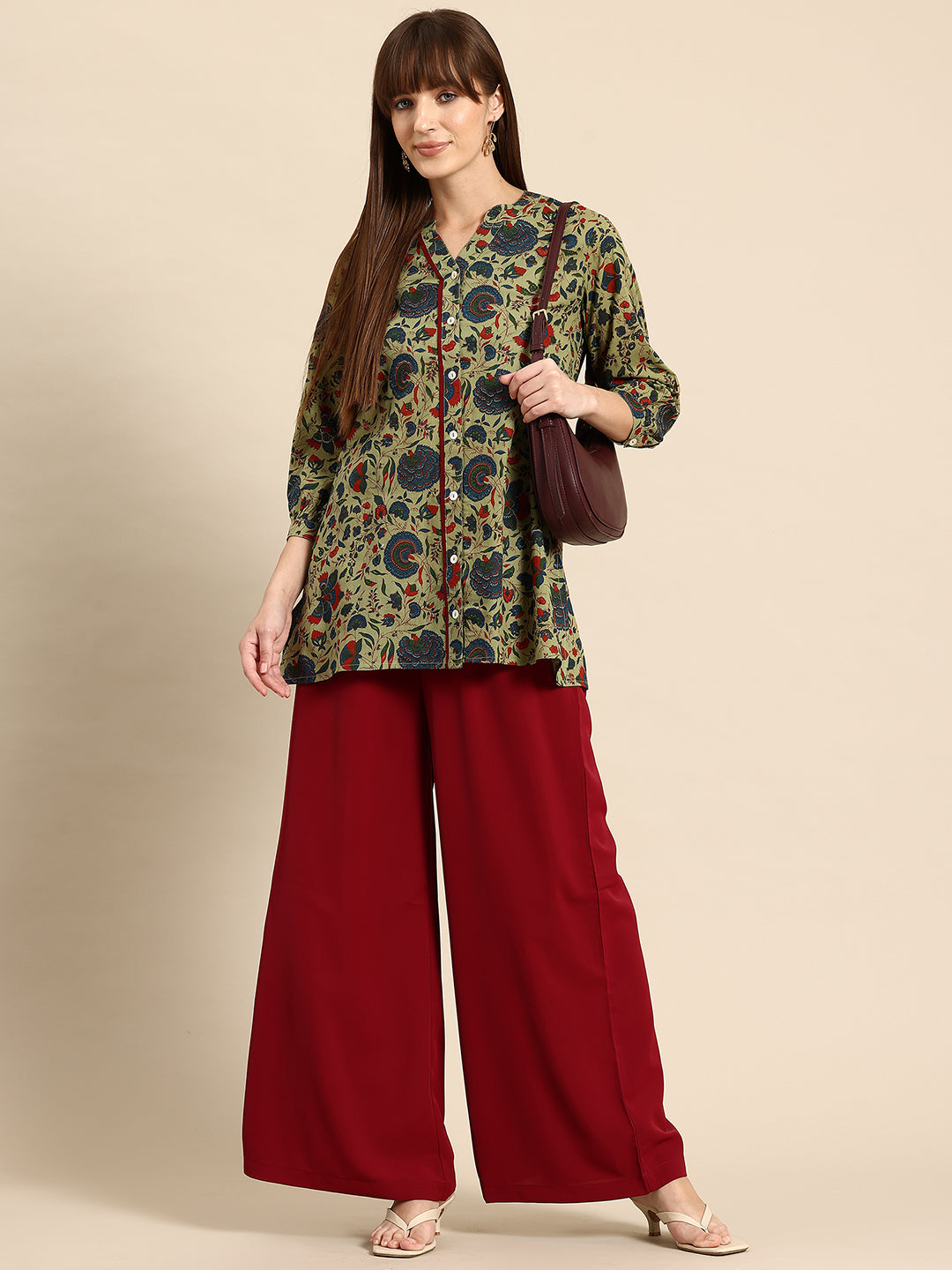 Floral Print Mandarin Collar Cotton Top