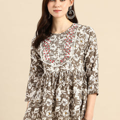 Brown Embroidered Floral Print Peplum Top