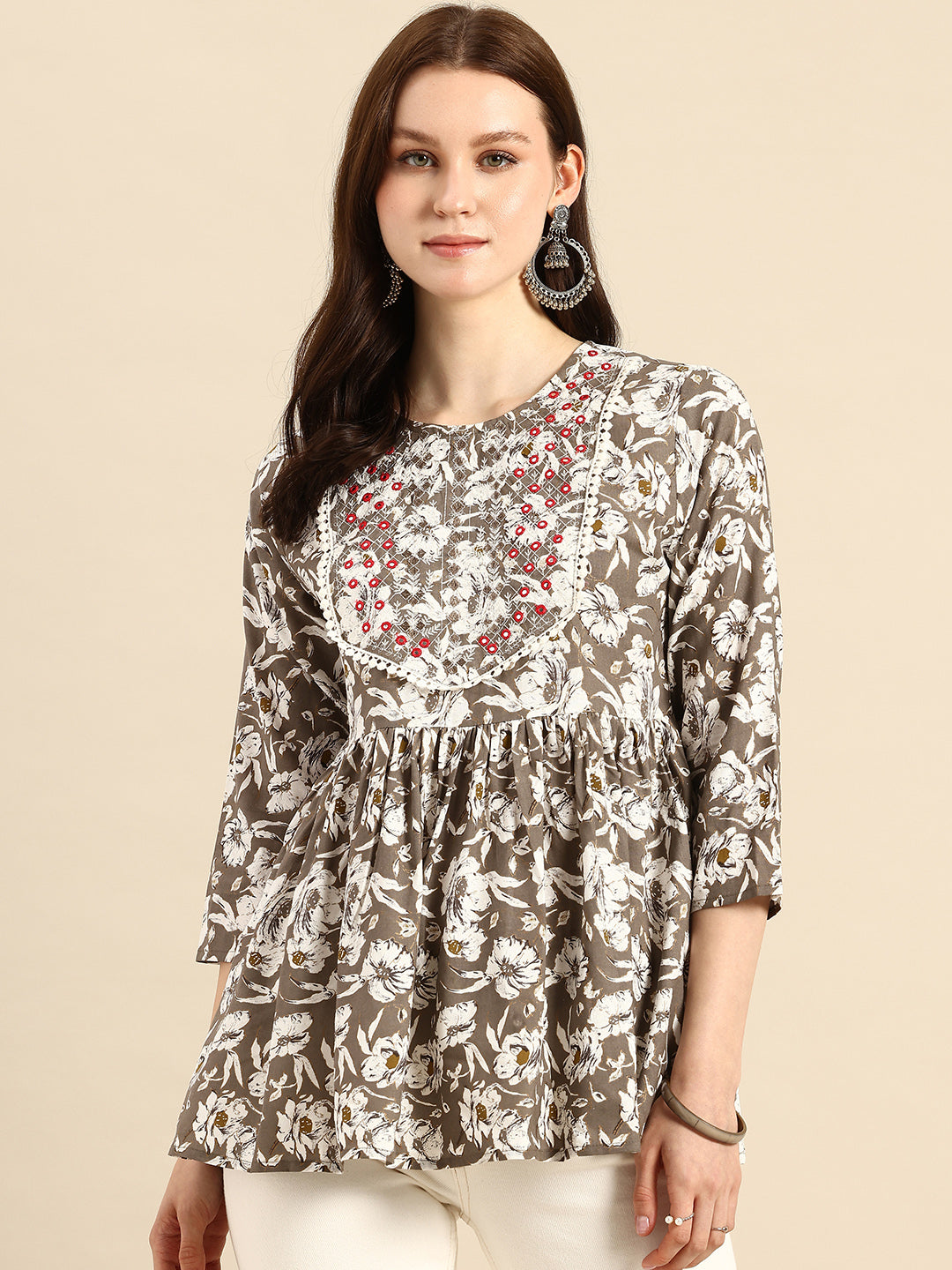 Brown Embroidered Floral Print Peplum Top