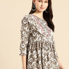 Brown Embroidered Floral Print Peplum Top